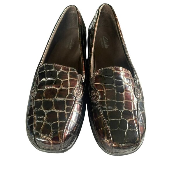 Clarks Bendables Womens 7W 7 Wide Brown Croc Embossed Slip-On Loafers - Picture 1 of 5